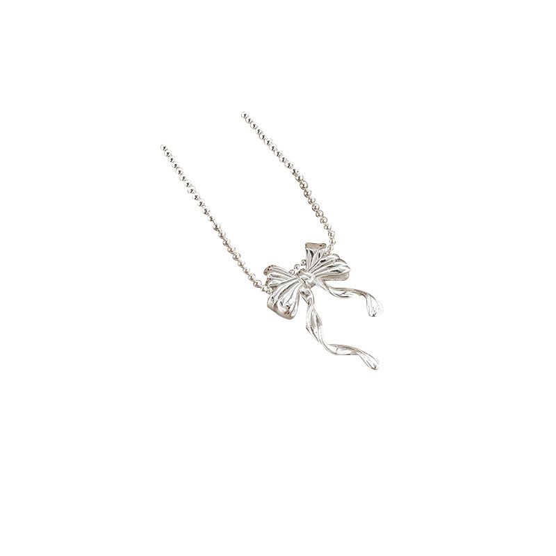 S Pure Silver Ribbon Bow Necklace Women, Luxurious High-End Glossy Round Bead Collarbone Chain For Wealthy Socialites_ipsvogv.com