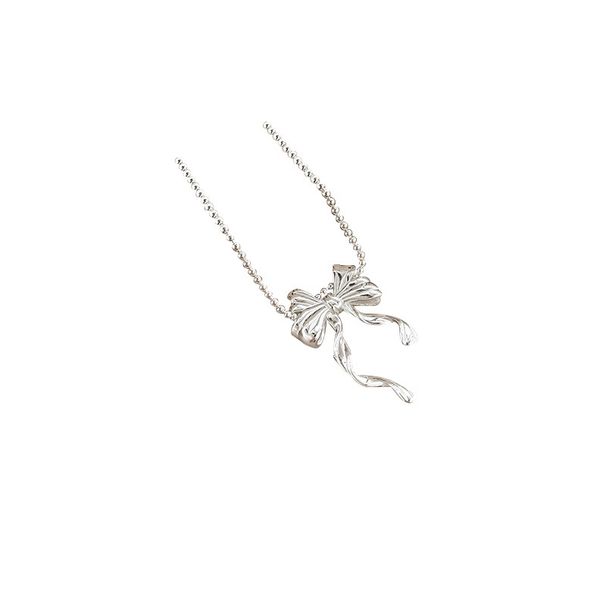 S Pure Silver Ribbon Bow Necklace Women, Luxurious High-End Glossy Round Bead Collarbone Chain For Wealthy Socialites_ipsvogv.com