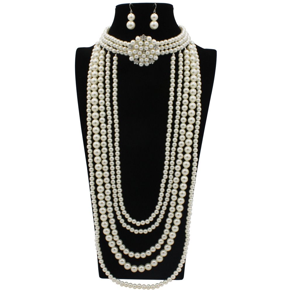 New Fashion Set with Diamond Pearl Flower Necklace Long Sweater Chain Jewelry 8390_ipsvogv.com