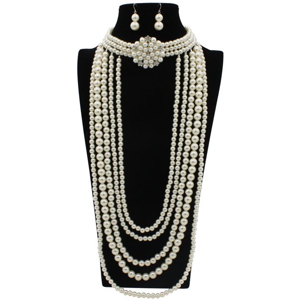 New Fashion Set with Diamond Pearl Flower Necklace Long Sweater Chain Jewelry 8390_ipsvogv.com