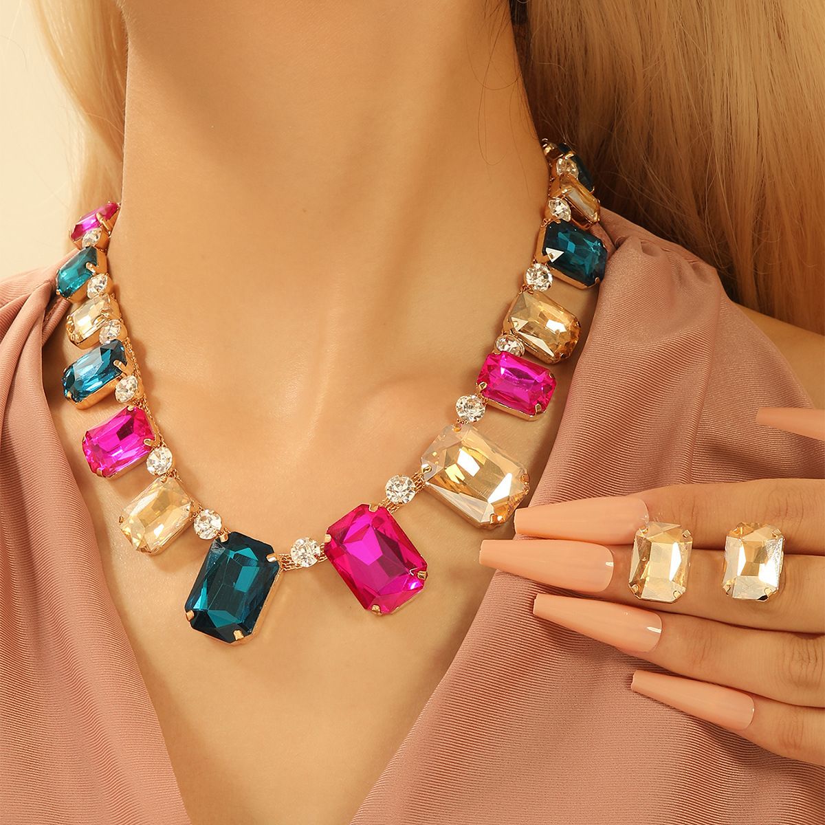 Ins Personalized Fashion Women's Earrings, Necklace Jewelry Set with Colorful Long Hip Hop Chain Earrings Inlaid_ipsvogv.com