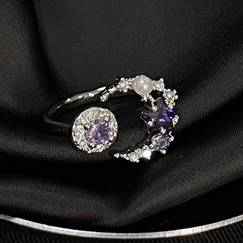 niche Design: Moon Star Sun New Full Diamond Zircon Open Ring, Light Luxury Feather Personalized Fashion Versatile Ring Design: ,_ipsvogv.com