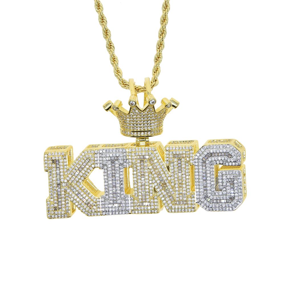 Men's Jewelry Hip Hop King Letter Pendant Necklace With Diamond Accents, Gold Plated Brass Chain, 60cm Length Diamond Pendant Necklace_ipsvogv.com