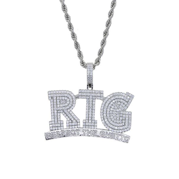 Men's Hip Hop RTG Letter Pendant Necklace With Cubic Zirconia, 61cm Silver/Gold Rope Chain Studded Full Diamond Men's Necklace_ipsvogv.com