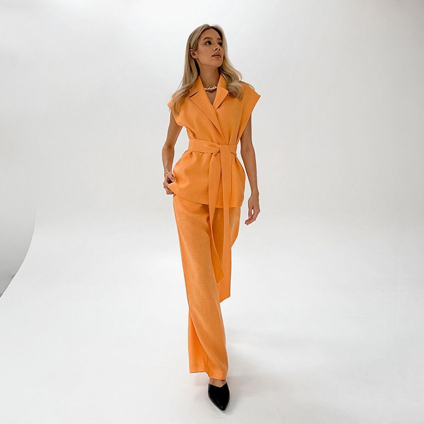 Women's Clothing Versatile vitality orange cotton and linen commuting street style sleeveless lace-up vest wide-leg pants suit_ipsvogv.com