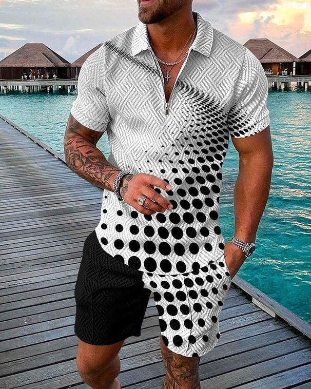 Men's Clothing new style men's fashion casual suit 3D printed zipper short sleeve polo shirt shorts 2-piece set_ipsvogv.com