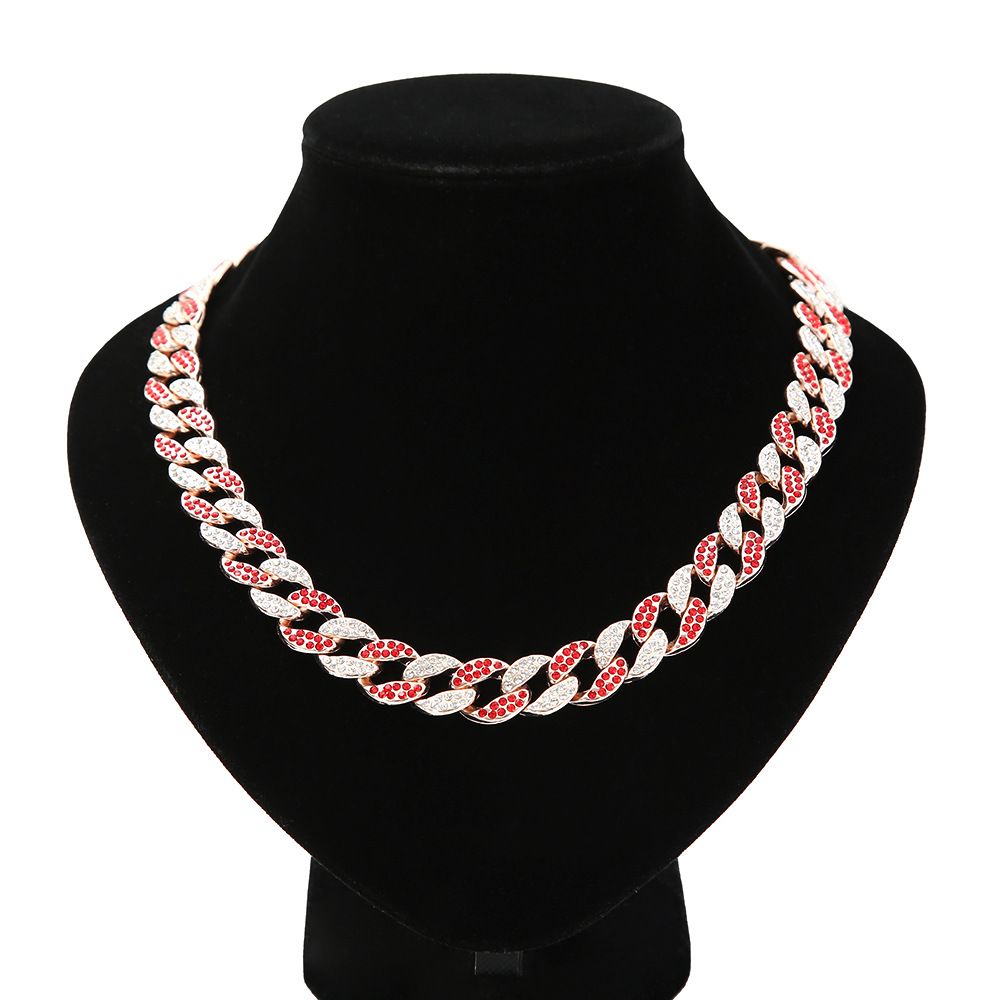 Unisex 15mm Bar Hip Hop Full Diamond Cuban Necklace Men's Hiphop Rap Alloy Pendant Red Diamond_ipsvogv.com