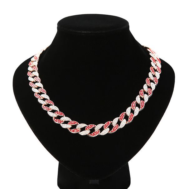 Unisex 15mm Bar Hip Hop Full Diamond Cuban Necklace Men's Hiphop Rap Alloy Pendant Red Diamond_ipsvogv.com