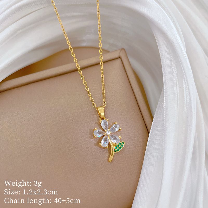 【 】 Green Leaf Five Petal Flower Light Luxury Charm Gorgeous Full Diamond Necklace Women's Versatile Clavicle Chain_ipsvogv.com