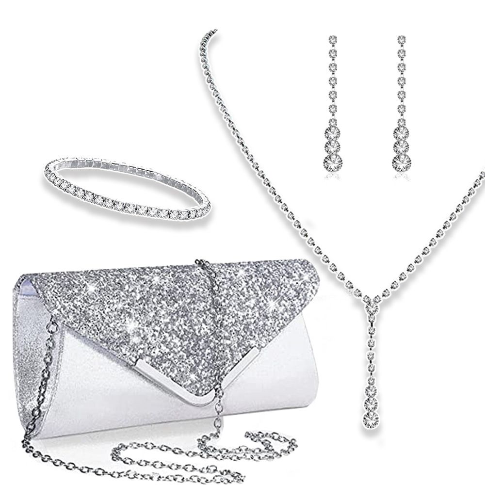 Bridal jewelry four piece set, stylish and simple tassel rhinestone evening bag, full diamond necklace, earrings and bracelet_ipsvogv.com
