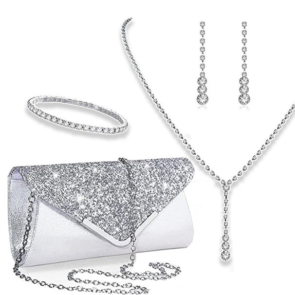 Bridal jewelry four piece set, stylish and simple tassel rhinestone evening bag, full diamond necklace, earrings and bracelet_ipsvogv.com