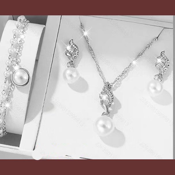 Simple style bride wedding jewelry set temperament fashion pearl diamond twist chain earrings necklace bracelet_ipsvogv.com