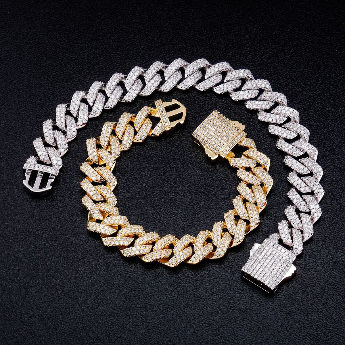 Jin Ao Hip-Hop 14MM Diamond-Shaped Double Row Full Diamond Cuban Chain Men's Necklace Bracelet Trendy_ipsvogv.com