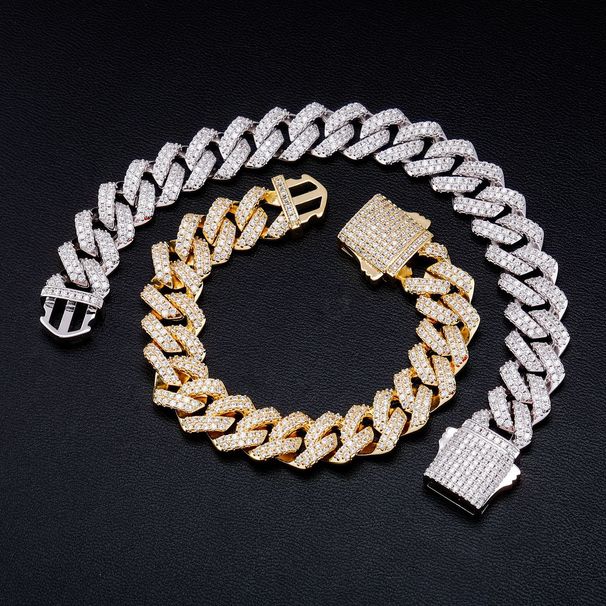 Jin Ao Hip-Hop 14MM Diamond-Shaped Double Row Full Diamond Cuban Chain Men's Necklace Bracelet Trendy_ipsvogv.com