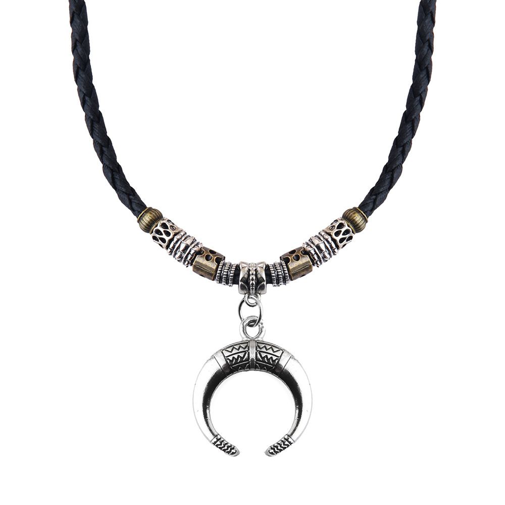 Women's Jewelry Retro Ethnic Style Necklace Alloy Crescent Pendant Beaded Braided Rope Sweater Chain Adjustable Necklace_ipsvogv.com