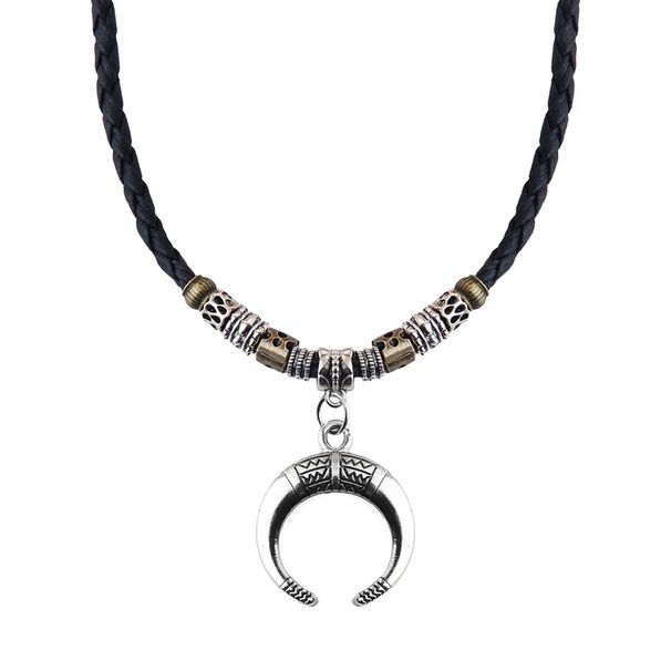 Women's Jewelry Retro Ethnic Style Necklace Alloy Crescent Pendant Beaded Braided Rope Sweater Chain Adjustable Necklace_ipsvogv.com