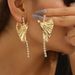 Exaggerated Fan-shaped Bowknot Earrings Gold High-end Sense Inlaid With Diamonds Tassel Ear Drops_ipsvogv.com