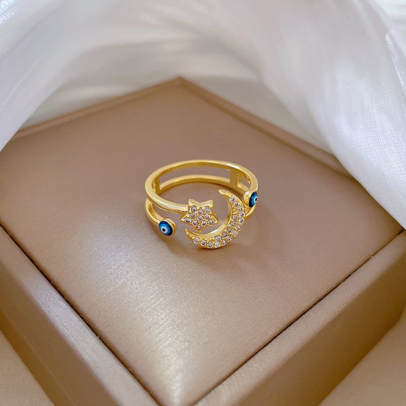 【 Real Gold Plating 】 Opened Star Moon Fashion Micro Inlay Light Luxury Index Finger Ring, Net Red, Same Cool Style_ipsvogv.com