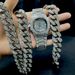 Hot Selling Full Diamond Watch 20mm Cuban Necklace Bracelet Men's Hip-hop Jewelry Set Straight_ipsvogv.com