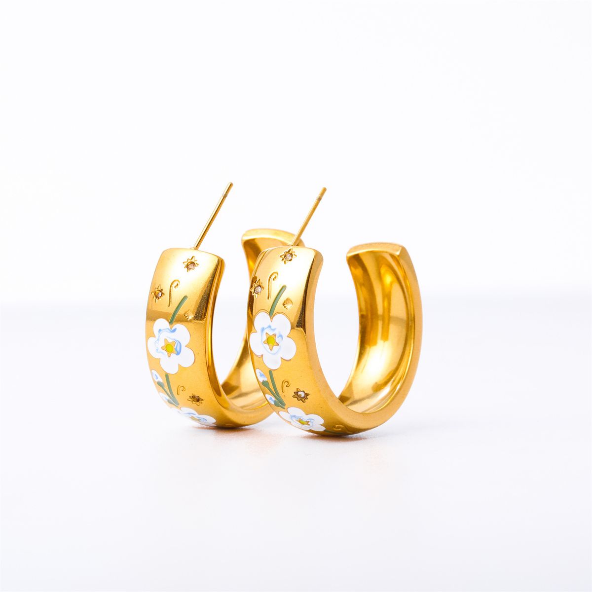 Painted Roses Flowers C Shaped Earrings Light Luxury Earrings_ipsvogv.com