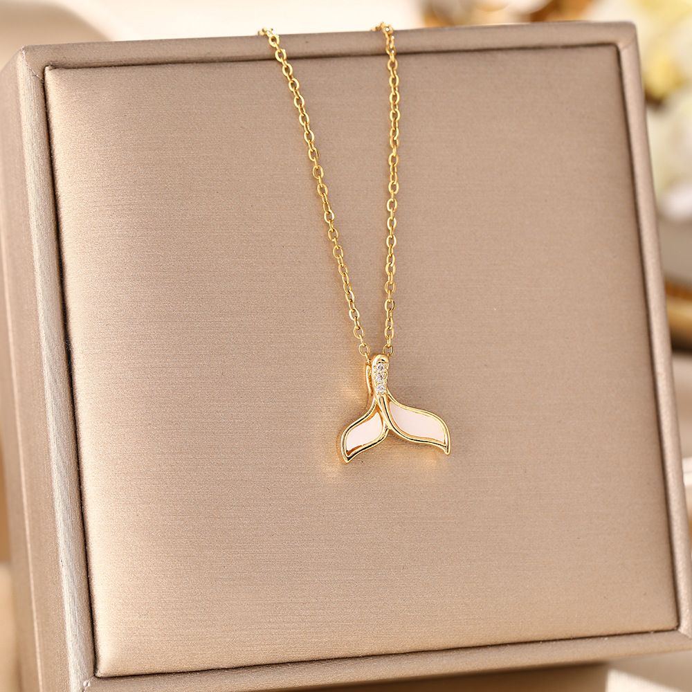 version Korean Style Titanium Steel Necklace, Women's Micro Inlaid Mother Of Pearl Fish Tail Pendant, Light Luxury Niche_ipsvogv.com