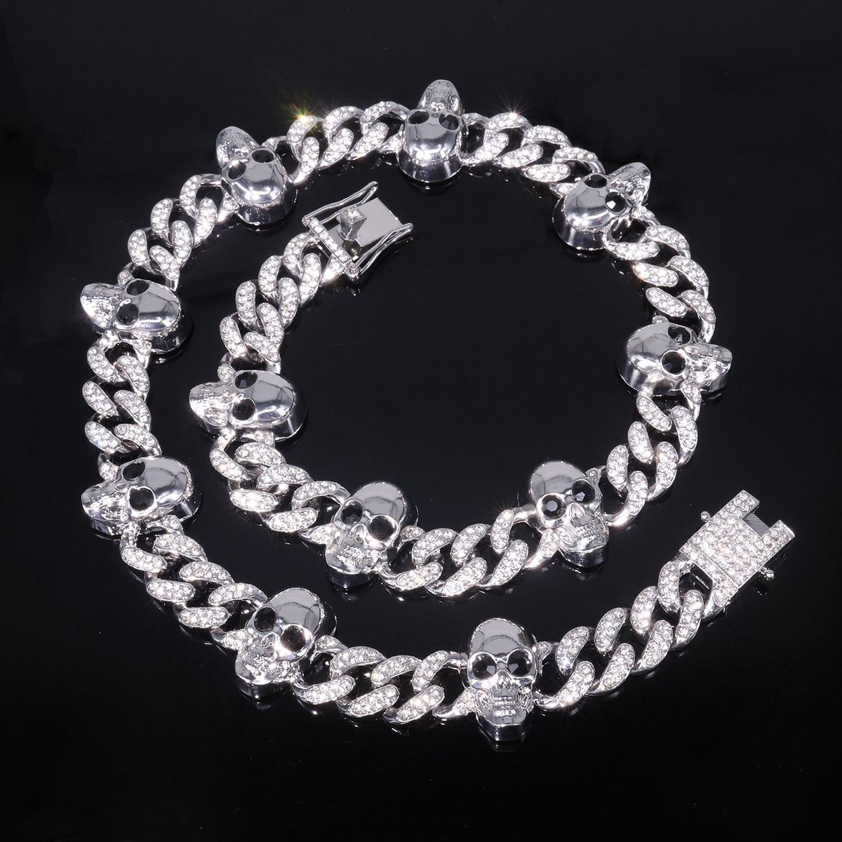 Unisex Hot Selling Jewelry Metal Skull Full Diamond Cuban Chain Men And Women Trendy Cool Punk Hiphop Hip Hop Necklace_ipsvogv.com