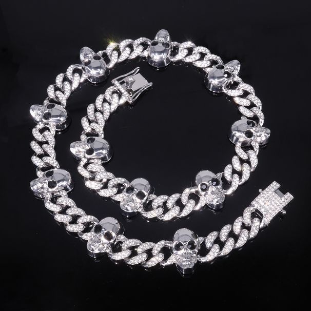 Unisex Hot Selling Jewelry Metal Skull Full Diamond Cuban Chain Men And Women Trendy Cool Punk Hiphop Hip Hop Necklace_ipsvogv.com
