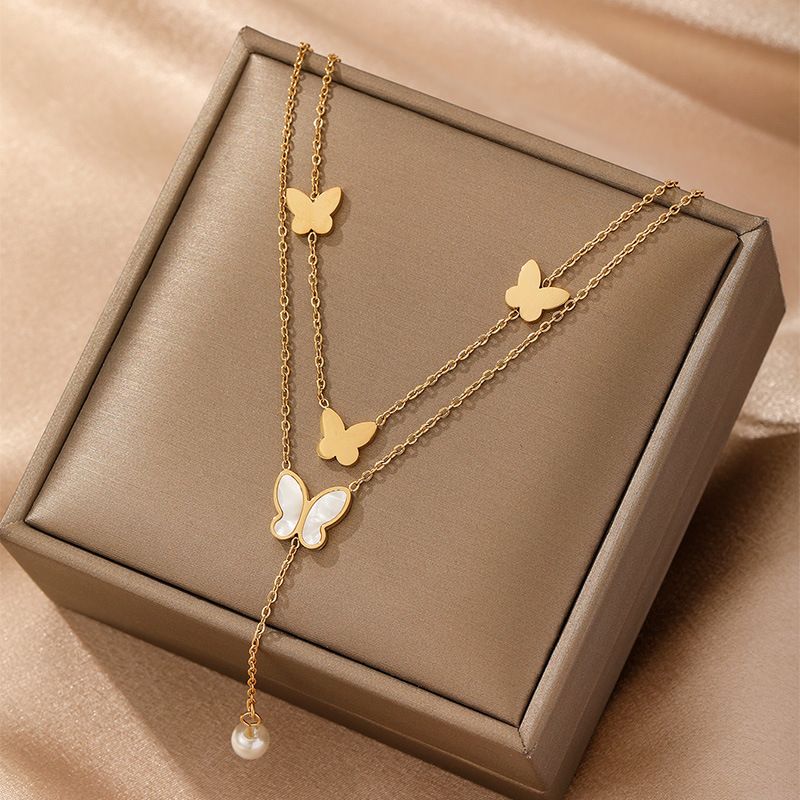 Sweet Fashionable Japanese And Korean Temperament, Smooth Butterfly Shell, Long Tassel Pearl Pendant, Double-layer_ipsvogv.com