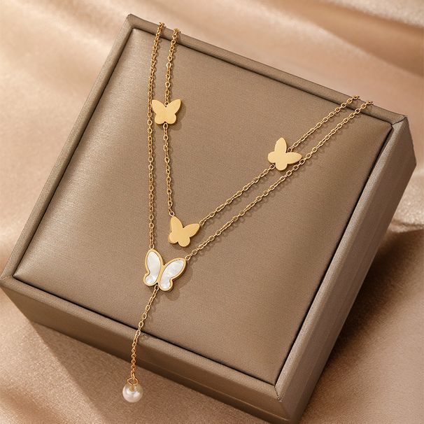 Sweet Fashionable Japanese And Korean Temperament, Smooth Butterfly Shell, Long Tassel Pearl Pendant, Double-layer_ipsvogv.com
