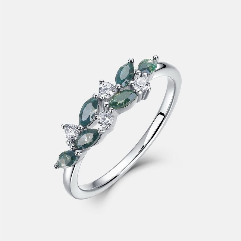 Small fresh geometric leaf green moss stone ring S925 silver natural water grass agate index finger ring simple_ipsvogv.com