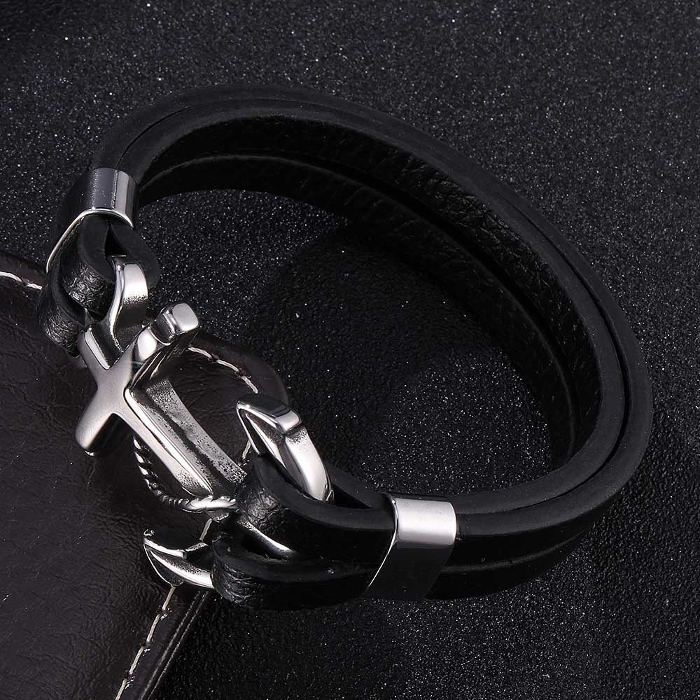 Men's Hip Hop Punk Black Leather Anchor Bracelet_ipsvogv.com