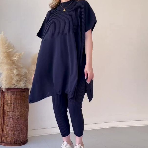 Women's round neck bat shirt large size loose sweater casual two-piece set_ipsvogv.com