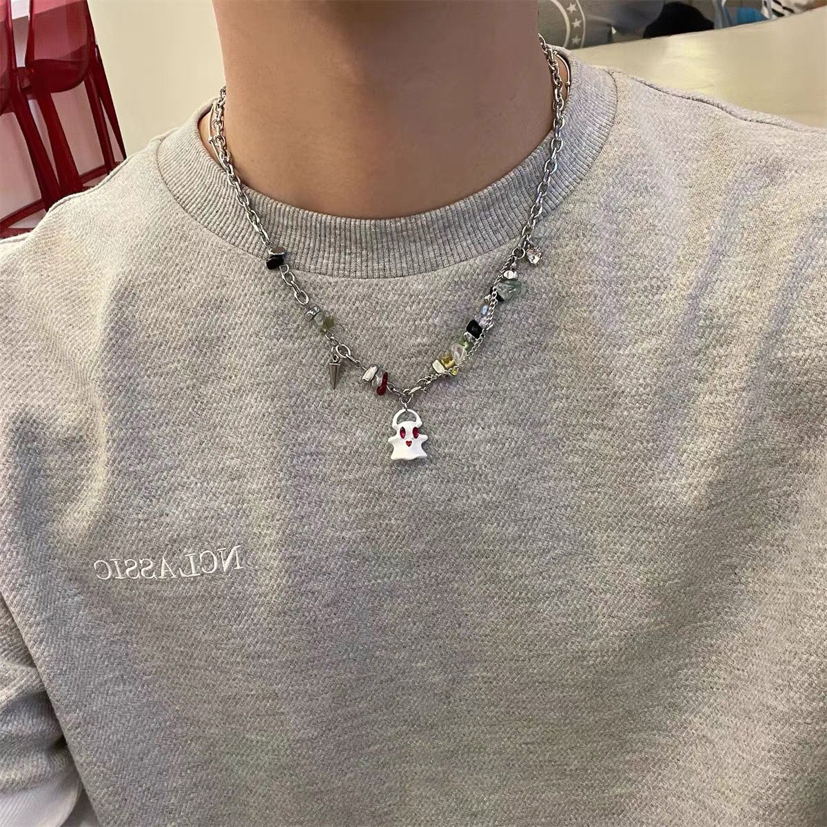 Black And White Little Ghost Monster Metal Chain Splicing Necklace For Men And Women, High End Niche Personality Temperament Clavicle Chain_ipsvogv.com