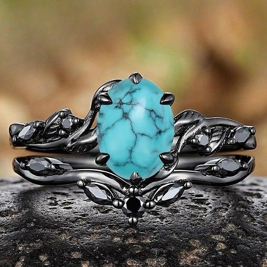 Sanjie's New RING Alloy Inlaid Turquoise Electroplated Gun Black Women's Engagement Ring_ipsvogv.com