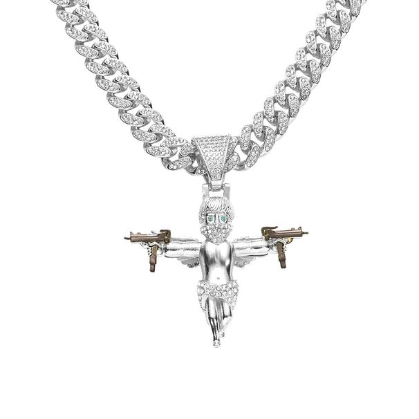 Hip Hop Gold Plated Masked Double Gun Wings Angel Pendant with Cool and Dominant Diamonds Cuban Necklace Jewelry_ipsvogv.com