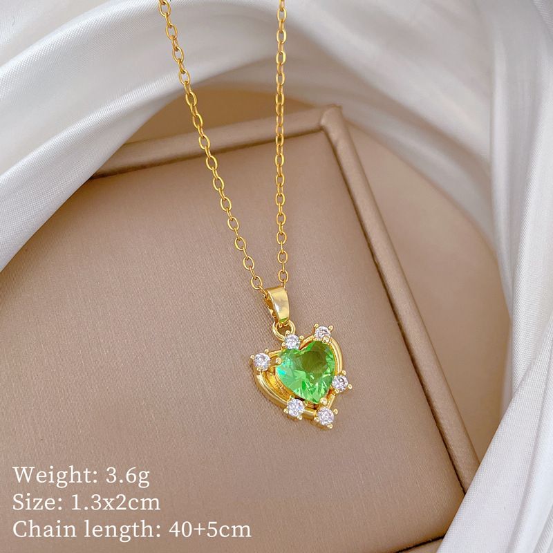 Green 【 】 Love Zircon Light Luxury Charm Gorgeous Full Diamond Necklace Women's Versatile Clavicle Titanium Steel Chain 【 】_ipsvogv.com
