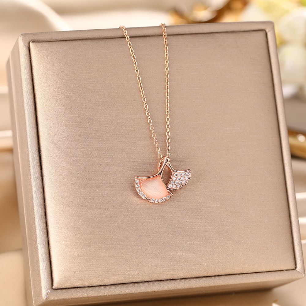 Korean Version Titanium Steel Necklace, Women's High-end Design, Ginkgo Leaf Cat's Eye Stone, Zircon Exquisite_ipsvogv.com