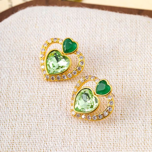 Korean fahion new double heart green inlaid zirconium earring with exquiite and niche deign, high-end ear_ipsvogv.com