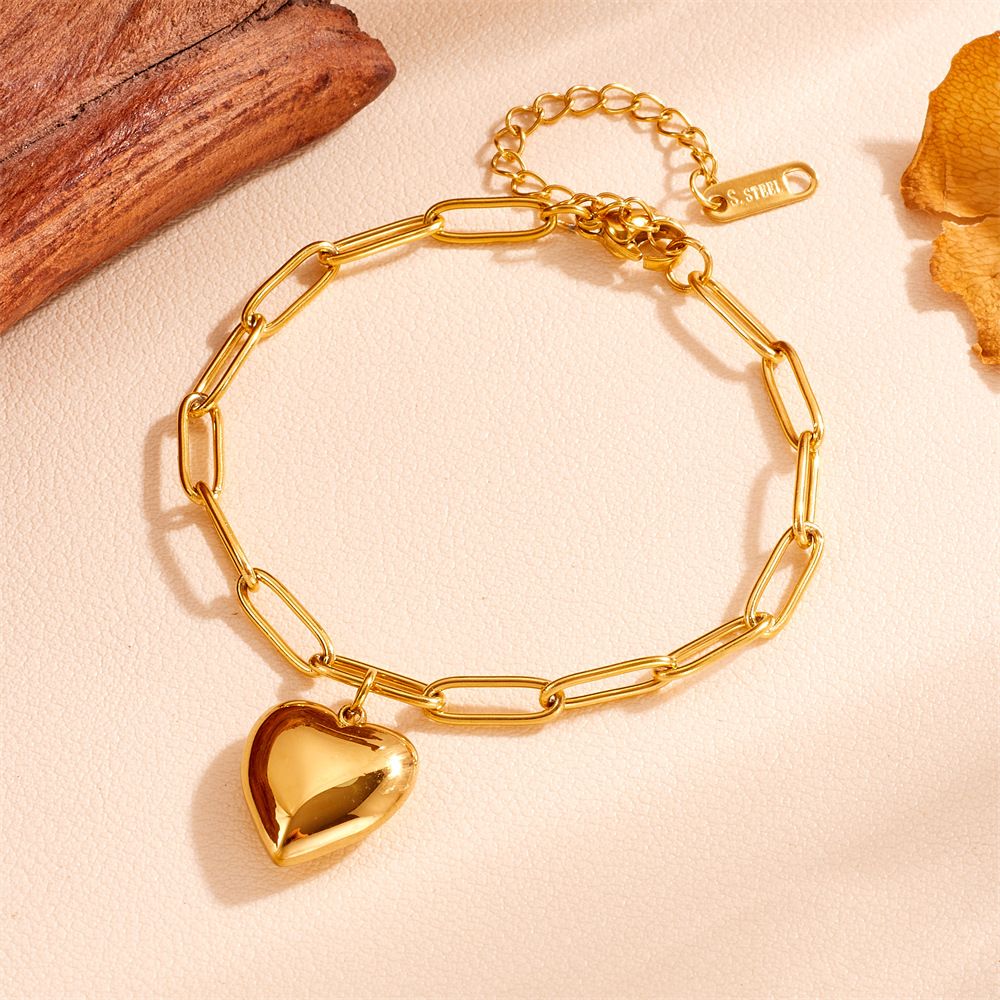 INS Stainless Simple Thick Heart Titanium Steel Cuban Chain Heart-shaped Bracelet Jewelry For Women_ipsvogv.com