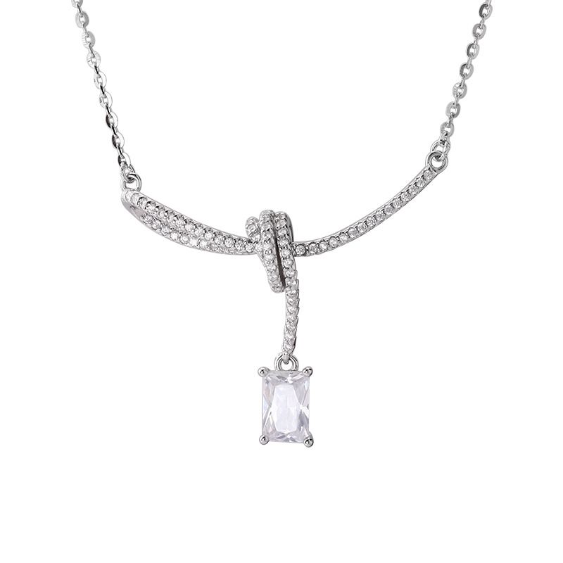 Sterling Silver Inlaid Diamond Ribbon Bow Necklace For Women Simple INS Style Exquisite Sugar Cube Zirconia Clavicle_ipsvogv.com
