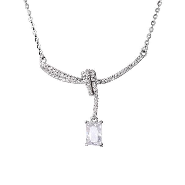 Sterling Silver Inlaid Diamond Ribbon Bow Necklace For Women Simple INS Style Exquisite Sugar Cube Zirconia Clavicle_ipsvogv.com