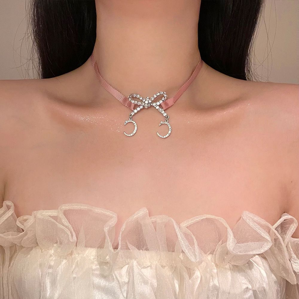 Ins Ballet Style Ribbon Crescent Tassel Choker Niche Light Luxury Temperament Inlaid Diamond Bow Pendant Clavicle Chain_ipsvogv.com