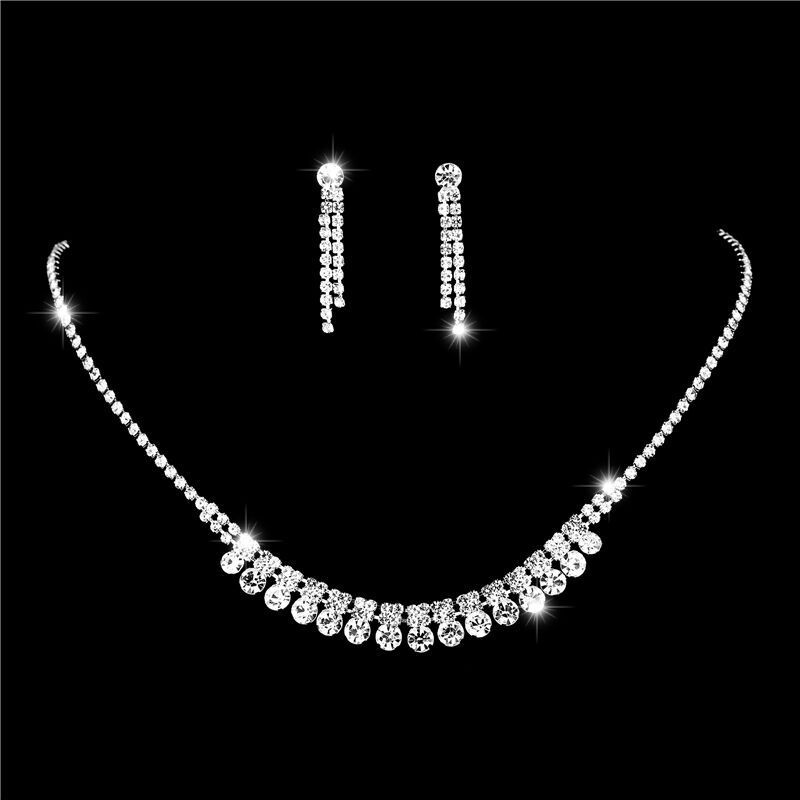 Elegant Silver & Diamond Necklace Earrings Set For Women - Evening Jewelry Gift_ipsvogv.com