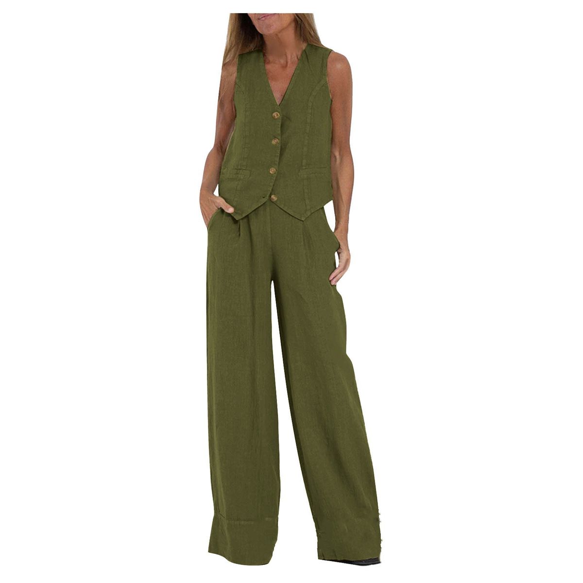 Women's Clothing new fashion vest trousers collage stitching cotton and linen casual suit_ipsvogv.com