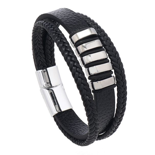 Titanium Magnetic Leather Bracelet Men's Three-Layer Braided Stainless Steel Wristband_ipsvogv.com