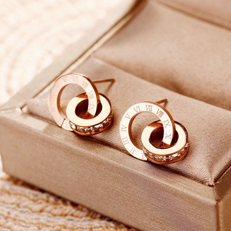 Europe And The United States Rome Dia New Creative Rose Gold Titanium Steel Women's Double Ring Popular Earrings_ipsvogv.com