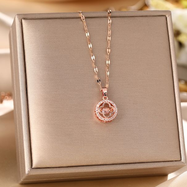 Korean Version Of Minimalist Titanium Steel Necklace For Women, With A Round Heart And Four Leaf Clover, Fashionable_ipsvogv.com