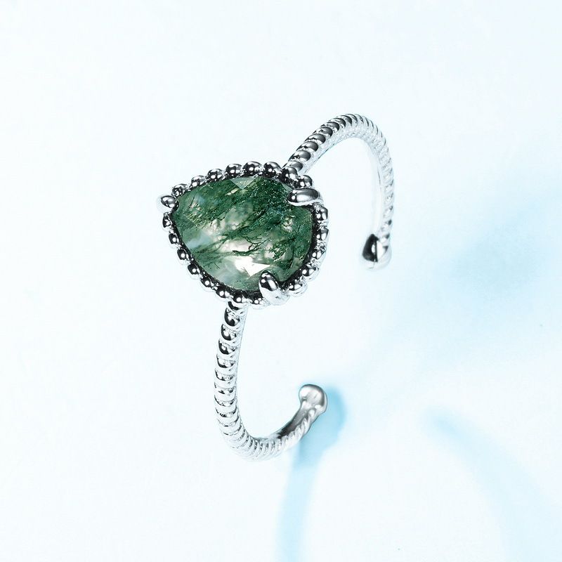 Water Drop Natural Water Grass Agate Ring Female S925 Silver Inlaid Green Moss Open Ring Personality_ipsvogv.com