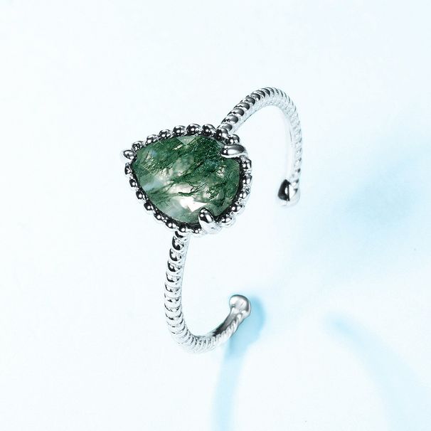 Water Drop Natural Water Grass Agate Ring Female S925 Silver Inlaid Green Moss Open Ring Personality_ipsvogv.com