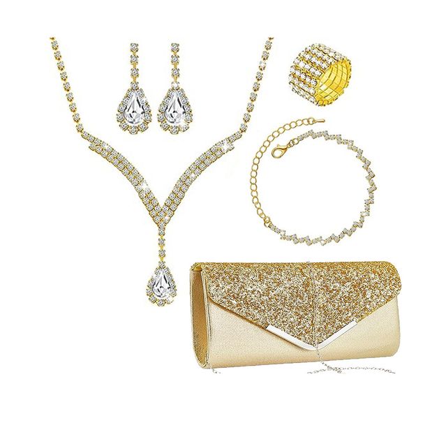 Fashionable bridal jewelry set, sexy V shaped water drop pendant bracelet, ring, earrings and diamond luxury dinner bag_ipsvogv.com